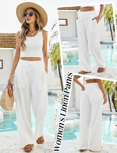 Yusongirl Linen Pants Women Wide Leg Drawstring Summer Casual Lightweight Breathable with Pockets for Beach Travel Work in Saudi Arabia