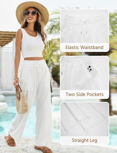 Yusongirl Linen Pants Women Wide Leg Drawstring Summer Casual Lightweight Breathable with Pockets for Beach Travel Work in Saudi Arabia
