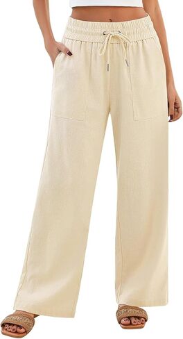 Yusongirl Linen Pants Women Wide Leg Drawstring Summer Casual Lightweight Breathable with Pockets for Beach Travel Work in Saudi Arabia