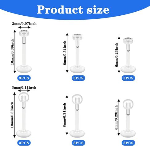 18 Pcs Piercing Retainers 16G Clear Lip Piercing, Clear Earrings for Sports Work Labret Studs Ears Lip Rings Helix Tragus Flat Push-In Cartilage Earrings Jewelry for Women Men, 6/8/10mm in Saudi Arabia
