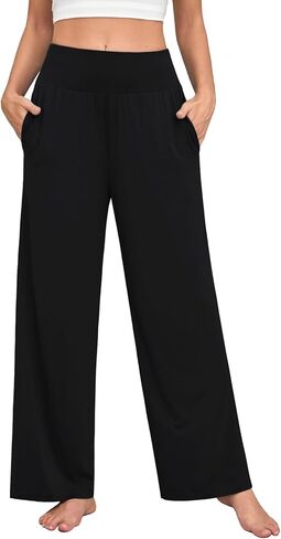 Womens Casual Soft Comfy Drape Flowy Lounge Pants Elastic High Waisted Palazzo Pajama Bottoms with Pockets in Saudi Arabia