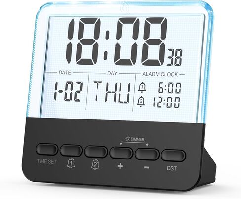 منبه رقمي شفاف بجانب السرير من Cadmos - منبه عالٍ لمن ينامون بكثرة. شاشة كبيرة، وظيفة التاريخ، ضوء ليلي ملون. تصميم حديث. يعمل بالبطارية، مثالي للأطفال والمراهقين في غرفة النوم (أسود) in Kuwait