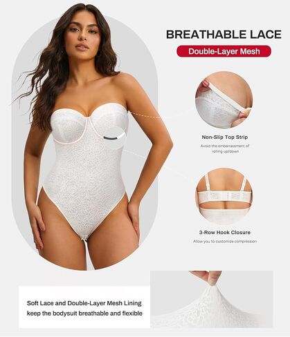 Nebility Strapless Shapewear for Women - Thong Bodysuit Tummy Control Lace Corset Tops Underwire with Removable Strap in Saudi Arabia