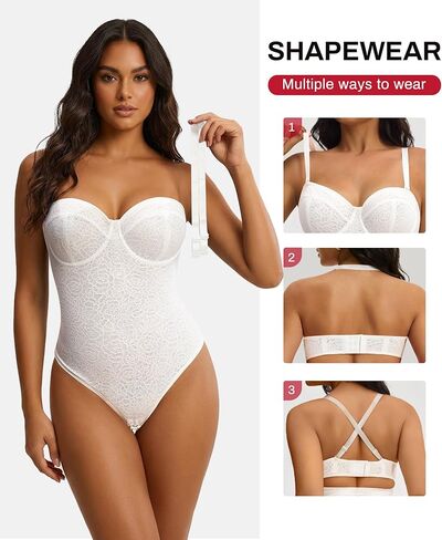 Nebility Strapless Shapewear for Women - Thong Bodysuit Tummy Control Lace Corset Tops Underwire with Removable Strap in Saudi Arabia