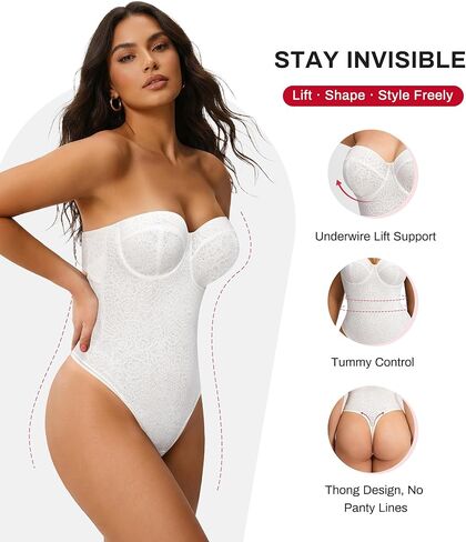Nebility Strapless Shapewear for Women - Thong Bodysuit Tummy Control Lace Corset Tops Underwire with Removable Strap in Saudi Arabia