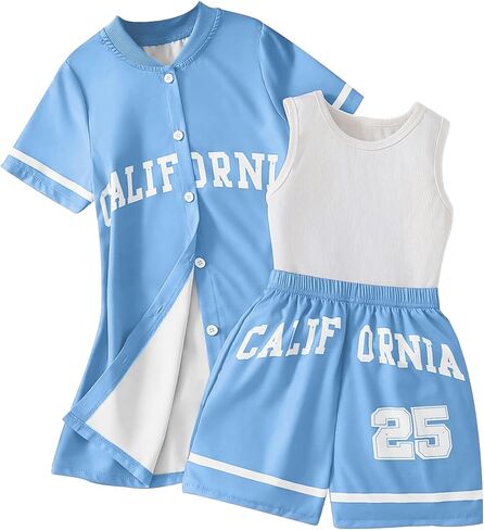 طقم قميص وسروال قصير للفتيات مكون من 3 قطع من مزيج القطن وقميص بأزرار in Kuwait