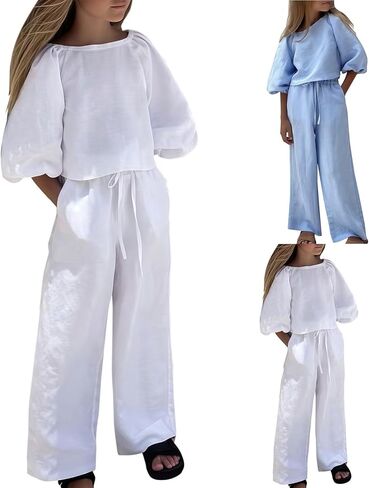 Moonker Linen Sets for Girls 2 Piece Outfits Summer Set for Teenage 3/4 Lantern Sleeve Cotton Linen Tops Baggy Wide Leg Pants in Saudi Arabia