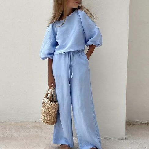 Moonker Linen Sets for Girls 2 Piece Outfits Summer Set for Teenage 3/4 Lantern Sleeve Cotton Linen Tops Baggy Wide Leg Pants in Saudi Arabia