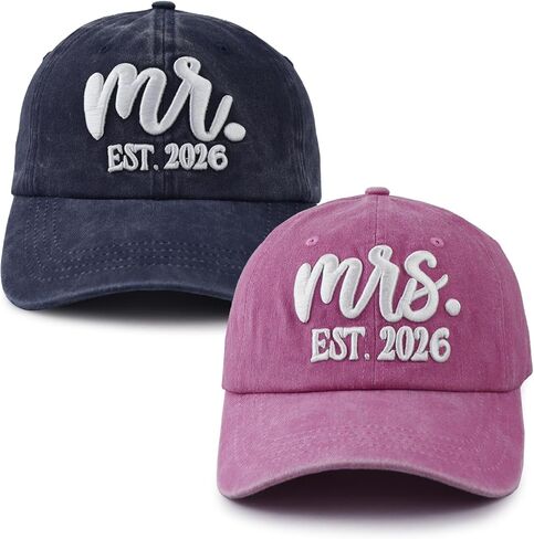 2 قطعة قبعات Mr and Mrs Est 2026 للرجال والنساء، قبعة بيسبول مطرزة ثلاثية الأبعاد من القطن قابلة للتعديل وهدايا للأزواج in Kuwait