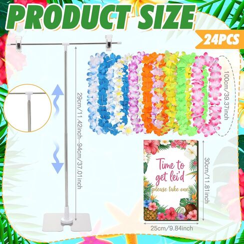 26 Pack Hawaiian Leis Luau Party Decoration Set Include 24 Pcs Hawaiian Leis 1 Pcs Wreath Stand ( Adjustable Base) 1 Pack Luau Party Welcome Wooden Signs for Summer Tropical Flower Lei Shows in Kuwait