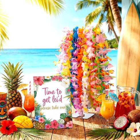 26 Pack Hawaiian Leis Luau Party Decoration Set Include 24 Pcs Hawaiian Leis 1 Pcs Wreath Stand ( Adjustable Base) 1 Pack Luau Party Welcome Wooden Signs for Summer Tropical Flower Lei Shows in Kuwait