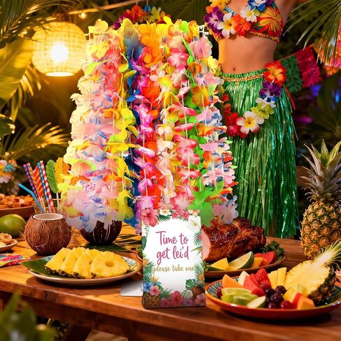 26 Pack Hawaiian Leis Luau Party Decoration Set Include 24 Pcs Hawaiian Leis 1 Pcs Wreath Stand ( Adjustable Base) 1 Pack Luau Party Welcome Wooden Signs for Summer Tropical Flower Lei Shows in Kuwait
