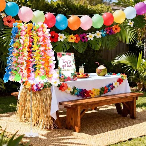 26 Pack Hawaiian Leis Luau Party Decoration Set Include 24 Pcs Hawaiian Leis 1 Pcs Wreath Stand ( Adjustable Base) 1 Pack Luau Party Welcome Wooden Signs for Summer Tropical Flower Lei Shows in Kuwait