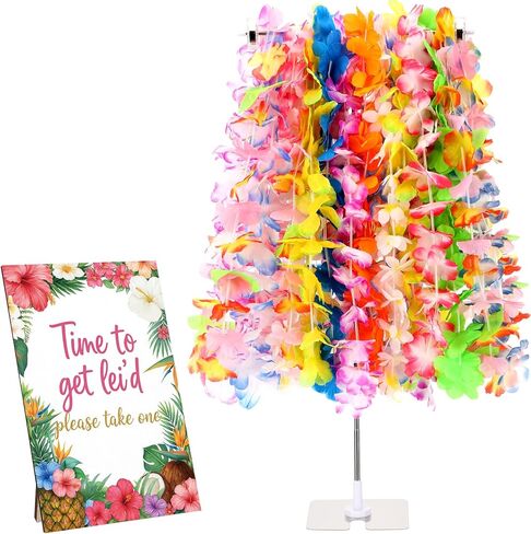 26 Pack Hawaiian Leis Luau Party Decoration Set Include 24 Pcs Hawaiian Leis 1 Pcs Wreath Stand ( Adjustable Base) 1 Pack Luau Party Welcome Wooden Signs for Summer Tropical Flower Lei Shows in Kuwait