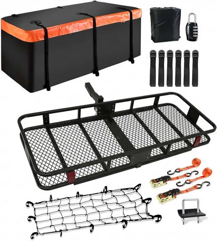 70"x30"x6" Folding Trailer Hitch Cargo Carrier | 500 Lbs. Cap Cargo Hitch Carrier Rack | Weatherproof Steel Luggage Rack for SUV, Car & Truck w/License Plate Holder, Stabilizer, & Straps in Saudi Arabia