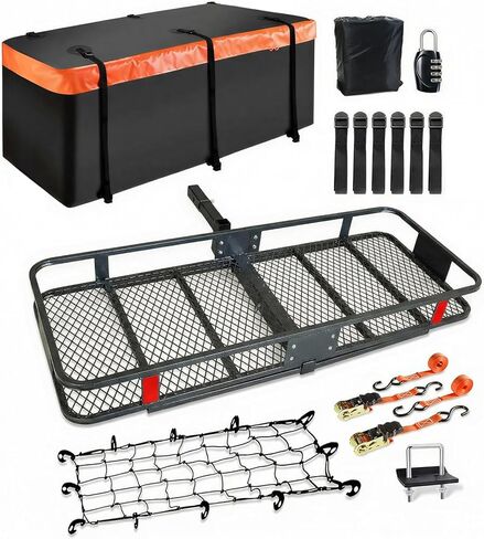 70"x30"x6" Folding Trailer Hitch Cargo Carrier | 500 Lbs. Cap Cargo Hitch Carrier Rack | Weatherproof Steel Luggage Rack for SUV, Car & Truck w/License Plate Holder, Stabilizer, & Straps in Saudi Arabia