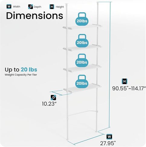 منظم المرحاض من هوم زون ليفينج مع أرفف قابلة للتعديل من 4 طبقات، رف تخزين الحمام المثبت على التوتر للأسقف بارتفاع 91 بوصة إلى 114 بوصة، أبيض in Kuwait