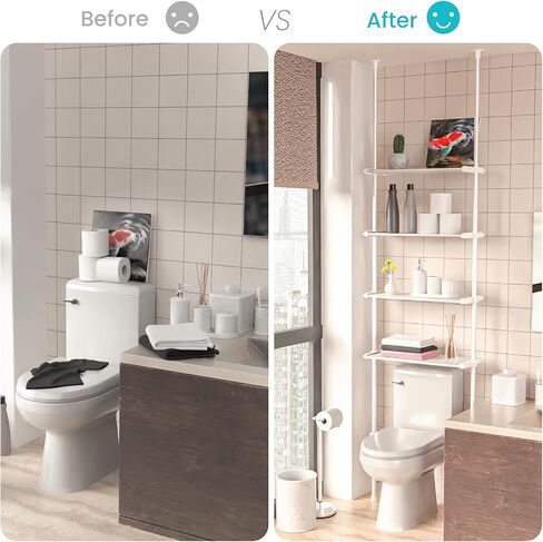 منظم المرحاض من هوم زون ليفينج مع أرفف قابلة للتعديل من 4 طبقات، رف تخزين الحمام المثبت على التوتر للأسقف بارتفاع 91 بوصة إلى 114 بوصة، أبيض in Kuwait