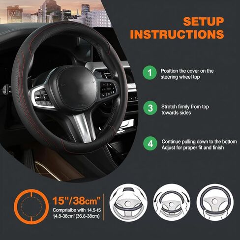 HZEL Car Steering Wheel Cover, 15 Inch Leather Comfortable Vehicle Steering Wheel Protector with Inner Rring, Anti-Slip Automotive Interior Accessories, Universal for SUV RV Truck (Black/Red) in Saudi Arabia