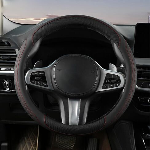 HZEL Car Steering Wheel Cover, 15 Inch Leather Comfortable Vehicle Steering Wheel Protector with Inner Rring, Anti-Slip Automotive Interior Accessories, Universal for SUV RV Truck (Black/Red) in Saudi Arabia