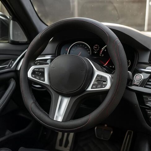 HZEL Car Steering Wheel Cover, 15 Inch Leather Comfortable Vehicle Steering Wheel Protector with Inner Rring, Anti-Slip Automotive Interior Accessories, Universal for SUV RV Truck (Black/Red) in Saudi Arabia