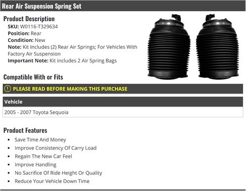 Rear Air Suspension Spring Set of 2 - Compatible with 2005-2007 Toyota Sequoia with Factory Air Suspension in Saudi Arabia