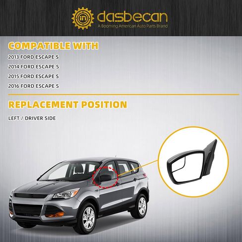 مجموعة مرآة الجانب الأيسر للسائق 3 دبابيس من Dasbecan متوافقة مع 2013-2016 Ford Escape S مع زجاج تعديل الطاقة/قابل للطي يدويًا/مرآة النقطة العمياء غطاء أسود غير لامع # FO1320434 in Saudi Arabia