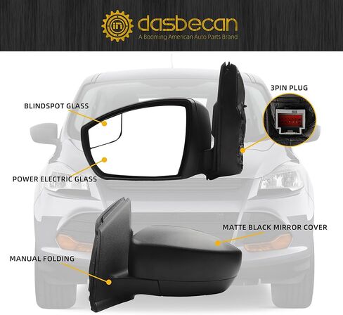 مجموعة مرآة الجانب الأيسر للسائق 3 دبابيس من Dasbecan متوافقة مع 2013-2016 Ford Escape S مع زجاج تعديل الطاقة/قابل للطي يدويًا/مرآة النقطة العمياء غطاء أسود غير لامع # FO1320434 in Saudi Arabia