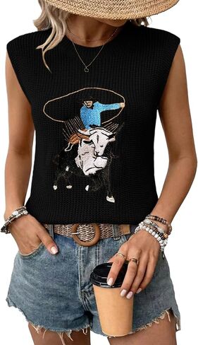 SHEWIN Women's Western Sweater Vest Crewneck Sleeveless Tops Cowgirl Casual Embroidered Tank Top 2026 in Saudi Arabia