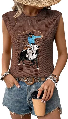 SHEWIN Women's Western Sweater Vest Crewneck Sleeveless Tops Cowgirl Casual Embroidered Tank Top 2026 in Saudi Arabia