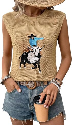 SHEWIN Women's Western Sweater Vest Crewneck Sleeveless Tops Cowgirl Casual Embroidered Tank Top 2026 in Saudi Arabia