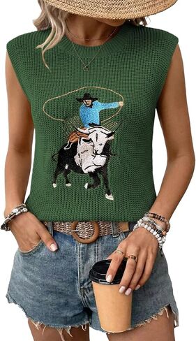SHEWIN Women's Western Sweater Vest Crewneck Sleeveless Tops Cowgirl Casual Embroidered Tank Top 2026 in Saudi Arabia