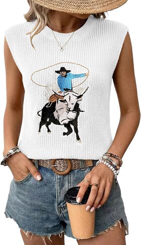 SHEWIN Women's Western Sweater Vest Crewneck Sleeveless Tops Cowgirl Casual Embroidered Tank Top 2026 in Saudi Arabia