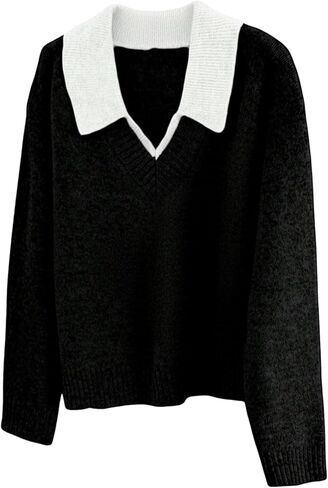 GORGLITTER Women's Oversized Collar Sweaters Chunky V Neck Long Sleeve Color Block 2 in 1 Pullover Sweater Knitwear in Saudi Arabia