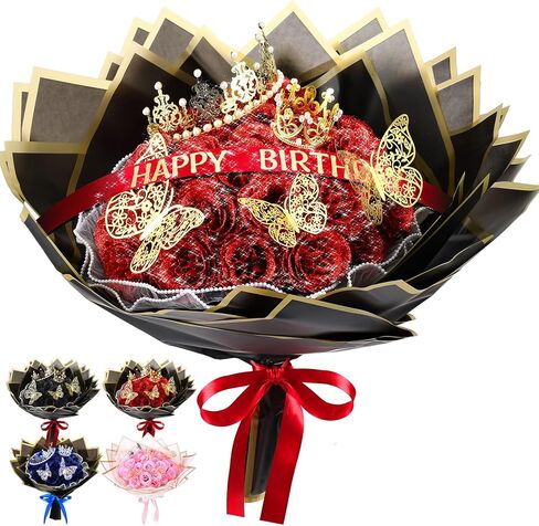 24 Pcs Glitter Roses Bouquet Artificial Rose Flowers Bouquet DIY Fake Glitter Roses with Flower Wrapping Paper 3D Butterflies Crowns for Anniversary Valentine's Day Birthday (Royal Blue) in Kuwait