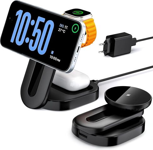 KPON لحامل شاحن Magsafe، محطة شحن لاسلكية 3 في 1 لأجهزة Apple، شاحن قابل للطي بقدرة 15 واط كحد أقصى لشحن سريع لأجهزة متعددة لهاتف iphone15/14/13/12/Pro/Pro Max، Airpods، Apple Watch in Kuwait