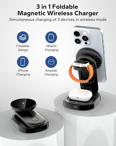 KPON لحامل شاحن Magsafe، محطة شحن لاسلكية 3 في 1 لأجهزة Apple، شاحن قابل للطي بقدرة 15 واط كحد أقصى لشحن سريع لأجهزة متعددة لهاتف iphone15/14/13/12/Pro/Pro Max، Airpods، Apple Watch in Kuwait