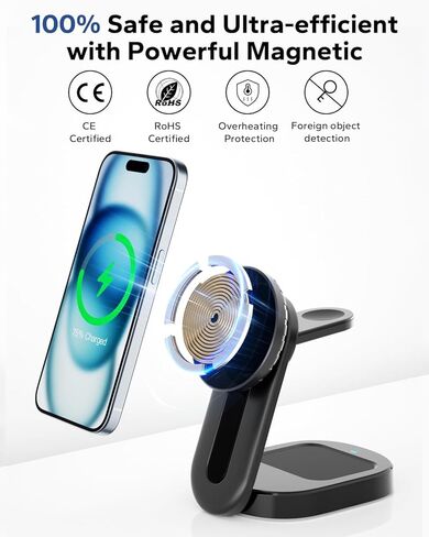 KPON لحامل شاحن Magsafe، محطة شحن لاسلكية 3 في 1 لأجهزة Apple، شاحن قابل للطي بقدرة 15 واط كحد أقصى لشحن سريع لأجهزة متعددة لهاتف iphone15/14/13/12/Pro/Pro Max، Airpods، Apple Watch in Kuwait