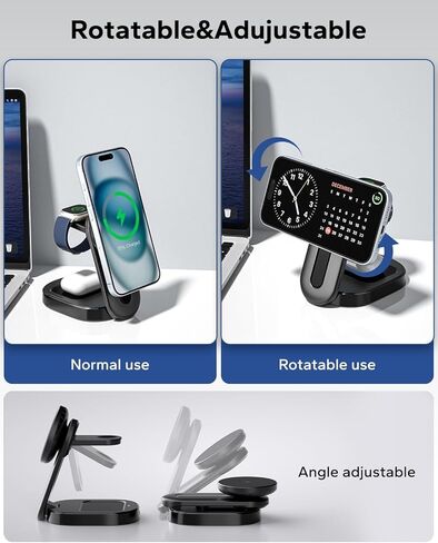 KPON لحامل شاحن Magsafe، محطة شحن لاسلكية 3 في 1 لأجهزة Apple، شاحن قابل للطي بقدرة 15 واط كحد أقصى لشحن سريع لأجهزة متعددة لهاتف iphone15/14/13/12/Pro/Pro Max، Airpods، Apple Watch in Kuwait