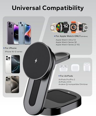 KPON لحامل شاحن Magsafe، محطة شحن لاسلكية 3 في 1 لأجهزة Apple، شاحن قابل للطي بقدرة 15 واط كحد أقصى لشحن سريع لأجهزة متعددة لهاتف iphone15/14/13/12/Pro/Pro Max، Airpods، Apple Watch in Kuwait