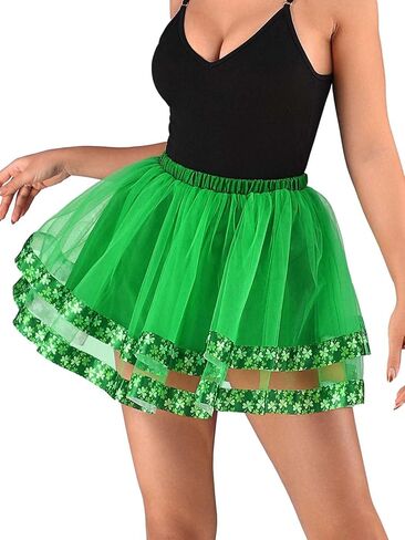 TWINKLEDE St Patrick's Day Tutu Skirt Shamrock Clover Tulle Skirts Holiday Costume Tutus for Women (Green-Ribbon 2 Layers) in Saudi Arabia