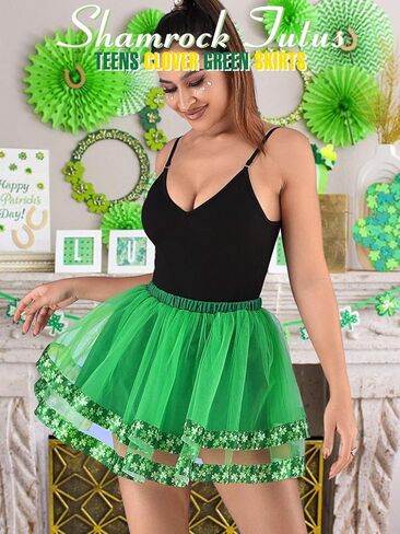 TWINKLEDE St Patrick's Day Tutu Skirt Shamrock Clover Tulle Skirts Holiday Costume Tutus for Women (Green-Ribbon 2 Layers) in Saudi Arabia
