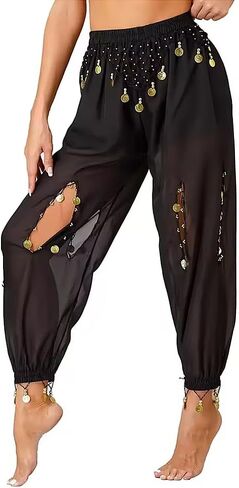 Women's Belly Dance Coin Lantern Pants Elastic Band Hollow Out Design Performance Trousers in Saudi Arabia