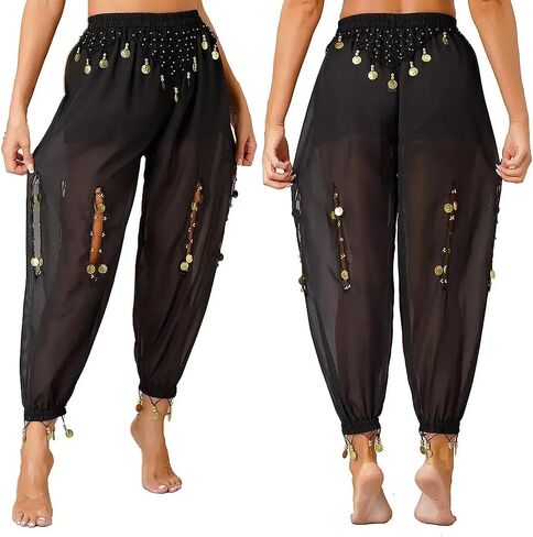 Women's Belly Dance Coin Lantern Pants Elastic Band Hollow Out Design Performance Trousers in Saudi Arabia