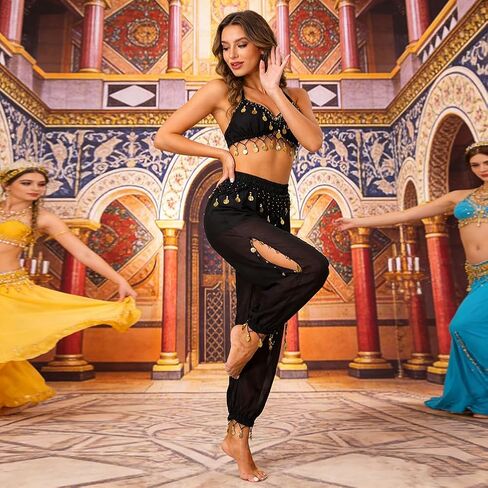 Women's Belly Dance Coin Lantern Pants Elastic Band Hollow Out Design Performance Trousers in Saudi Arabia