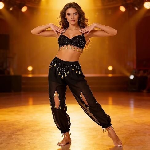 Women's Belly Dance Coin Lantern Pants Elastic Band Hollow Out Design Performance Trousers in Saudi Arabia