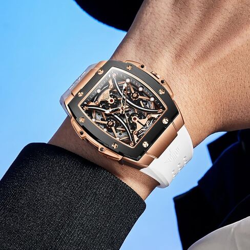 OUPINKE Watch Men Self Winding Luxury Skeleton Mechanical Business Dress Square Wrist Watches Calendar Black Watches in Saudi Arabia