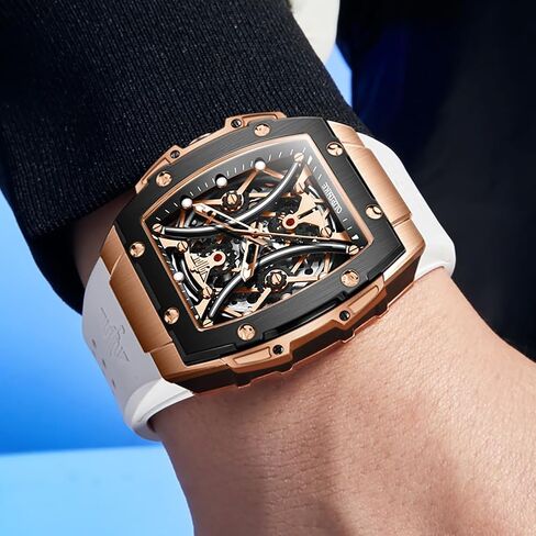 OUPINKE Watch Men Self Winding Luxury Skeleton Mechanical Business Dress Square Wrist Watches Calendar Black Watches in Saudi Arabia