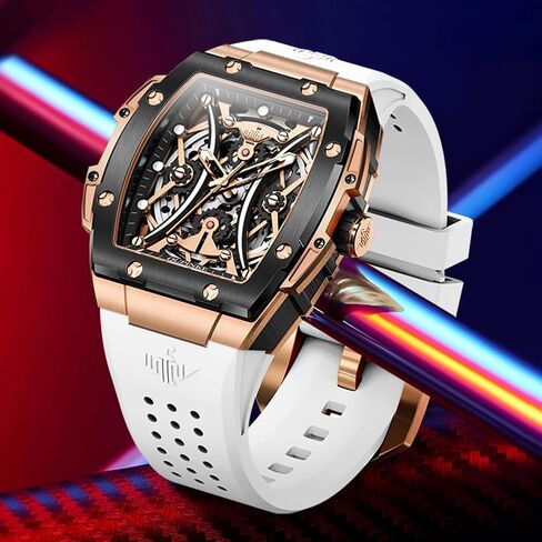 OUPINKE Watch Men Self Winding Luxury Skeleton Mechanical Business Dress Square Wrist Watches Calendar Black Watches in Saudi Arabia