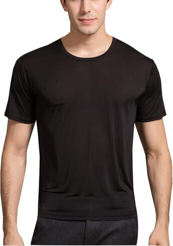 تي شيرت حريري رجالي من METWAY بأكمام قصيرة ورقبة دائرية تي شيرت من MulberrySilk تي شيرت داخلي فائق النعومة/قابل للتنفس للتمرين in Kuwait